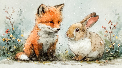 Obraz premium 優しいキツネとうさぎの友情物語が描かれた絵本風イラスト｜草原の中で微笑みあう動物たちのかわいい春のワンシーン｜心温まるキャラクターイラスト素材