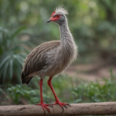 Fototapeta premium Red-legged Seriema bird on piece of wood