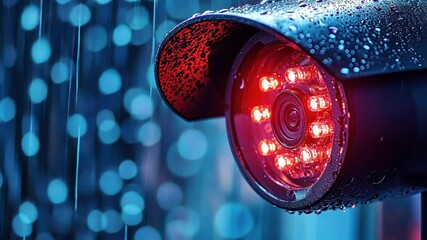Rainy Night Surveillance: Close-up of a Security Camera in the Rain