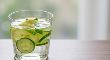 Refreshing detox water with lemon and cucumber slices in a transparent glass