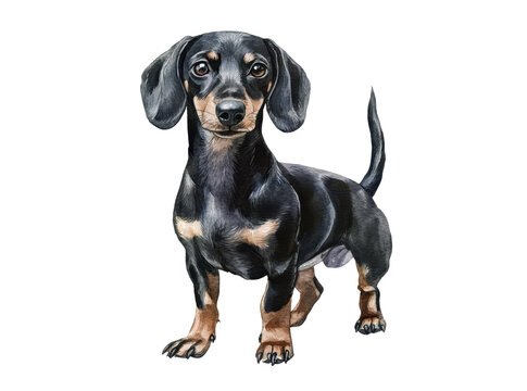 watercolor drawing of a black dachshund dog isolated on white or transparent png