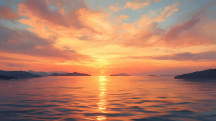 Obraz premium Serene sunset over calm waters with vibrant colors reflecting on the surface, surrounded by distant islands and soft clouds