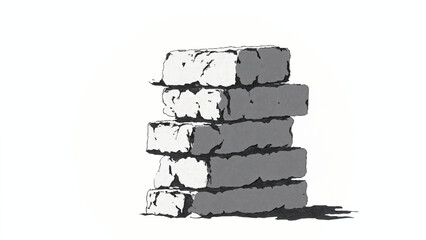 A black and white, hand-drawn illustration of a stack of bricks on a white background. Brick wall. A stack of bricks.	