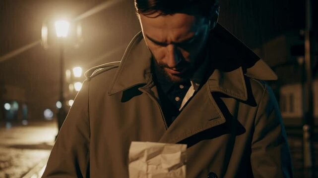 Man in trench coat holding envelope on rainy street at night scene
