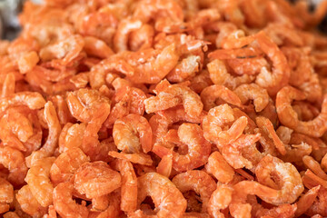 Dried shrimp or dried salted prawn, seafood background.