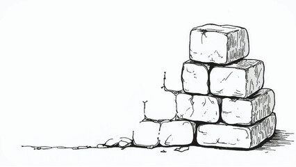 A black and white, hand-drawn illustration of a stack of bricks on a white background. Brick wall. A stack of bricks.	