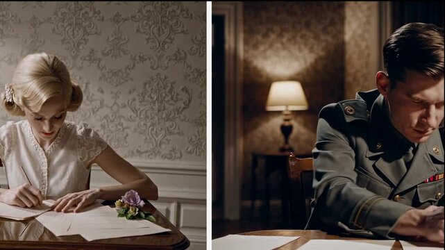 Split screen shows woman and soldier writing letters at their desks