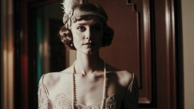 Portrait of a woman with flapper headband and feather in monochrome