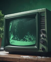 Close-up of vintage CRT with green tint and snowy image ,  repair,  cathode ray,  fuzzy