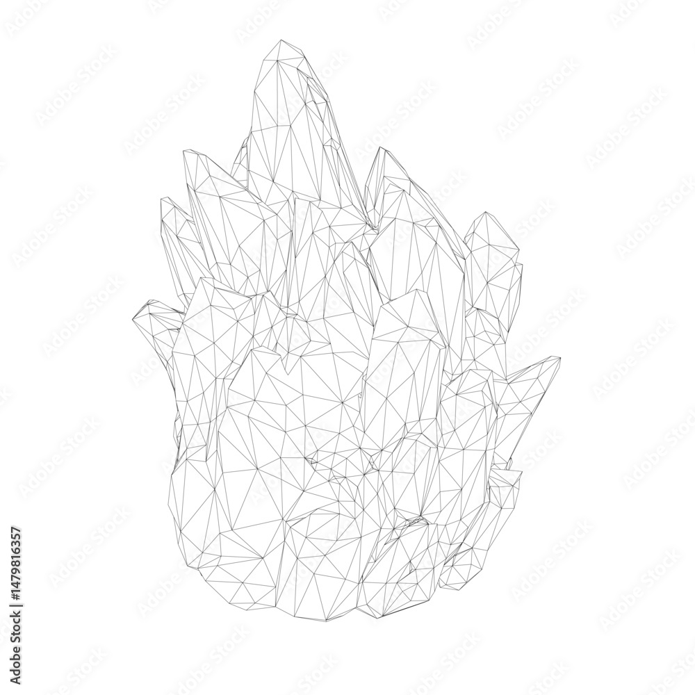 Poster A black and white drawing of a crystal with a pointed tip. The drawing is very detailed and intricate, with many lines and angles. The crystal appears to be a large, solid object with a pointed tip