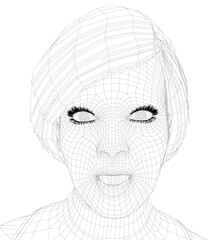A woman's face is drawn in black and white with a creepy expression. The drawing is of a woman with a very thin face and long eyelashes. The eyes are drawn with a creepy, evil look