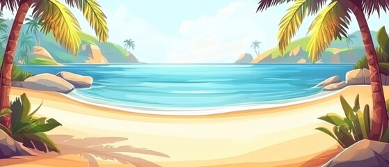 Tropical beach paradise cartoon illustration with palm trees and turquoise water sunny day vacation destination