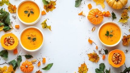 Overhead shot of pumpkin soup bowls, autumn leaves, pumpkins on white. Perfect image for seasonal recipes, food blogging or fall holiday design.