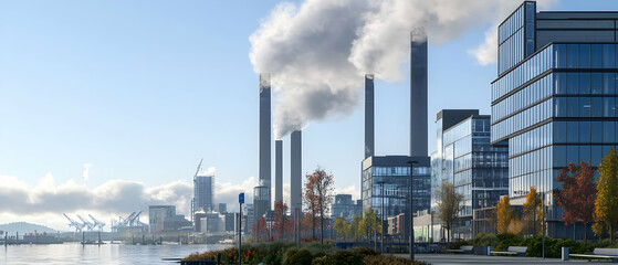 Industrial Cityscape With Smokestacks And Modern Buildings