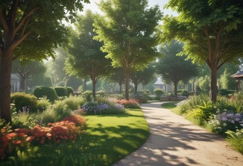 Obraz premium Bright, blurry garden scene, out-of-focus trees, light, green