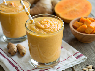Detox smoothie recipes Smooth orange smoothie in glasses with fresh fruit and ginger on a rustic table.
