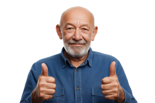 friendly senior man giving  thumbs up  isolated on white background
