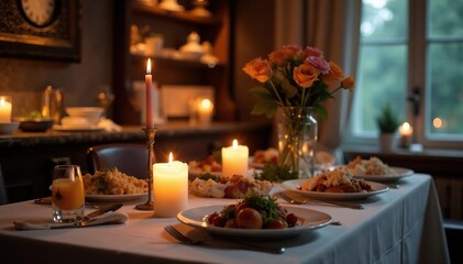 Elegant buffet table adorned with a flickering candle, creating a warm ambiance , festive, glass, illumination