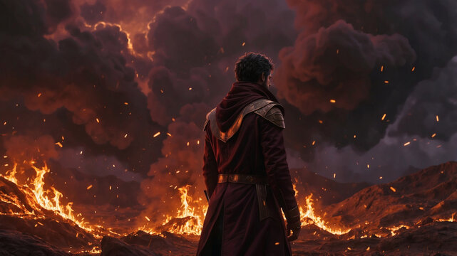 A robed figure gazes upon a world consumed by fire, a scene of dramatic fantasy and desolation.