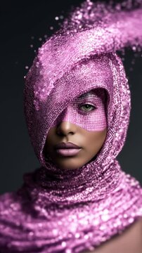 Woman embracing imminent transformation with calm acceptance &ndash; scarf slowly dissolves into digital particles in futuristic motion portrait.