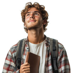 Smiling young male student holding a book and wearing a bag