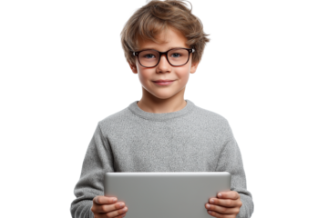 young boy with short brown hair and glasses holding tablet  isolated on white background