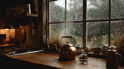 Rainy Day Comfort: A Cozy Copper Kettle by the Window