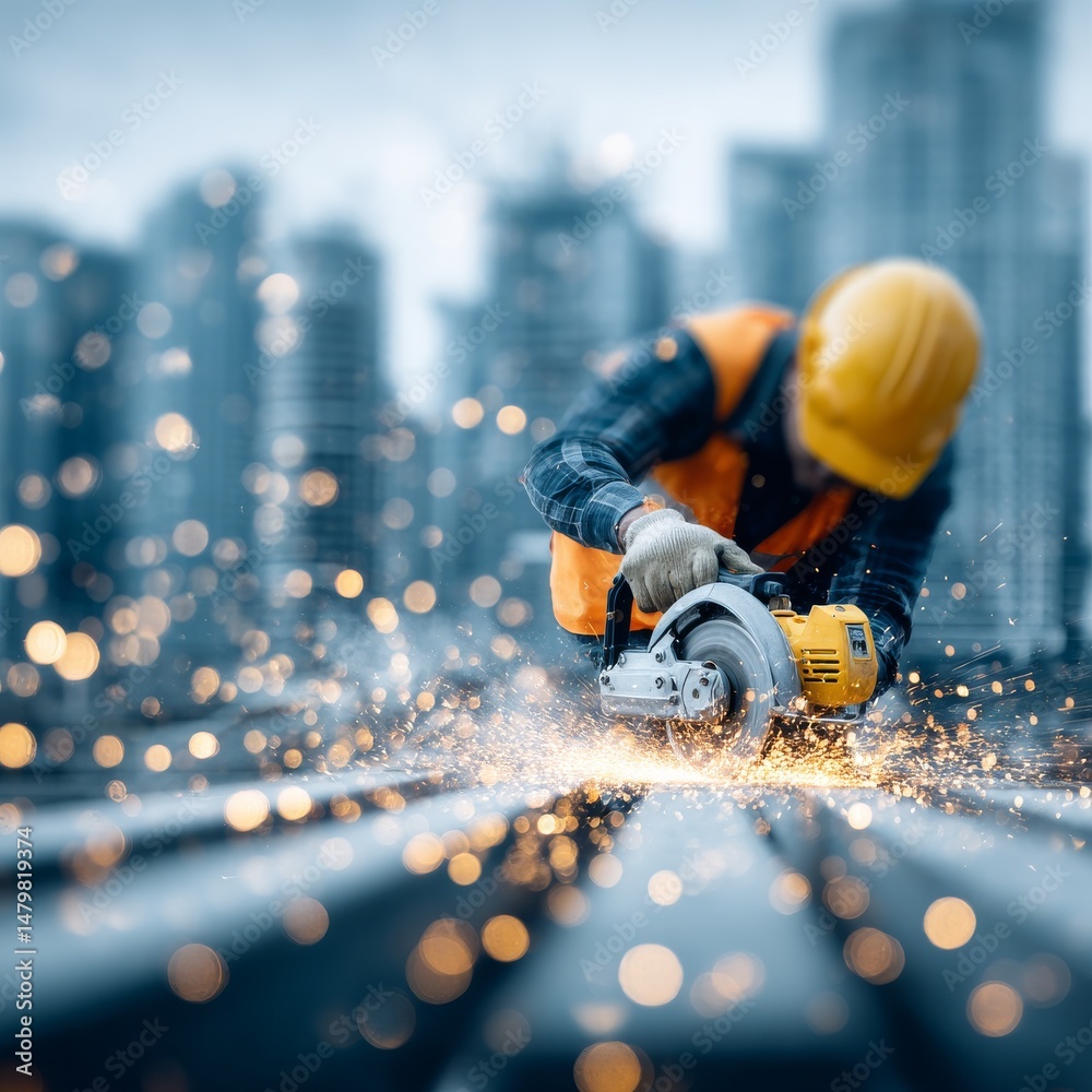 Poster Construction Worker Using Circular Saw with Sparks Flying in Urban Setting, Showcasing Hard Work and Precision