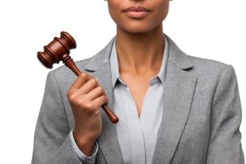 poised person holding gavel  isolated on white background