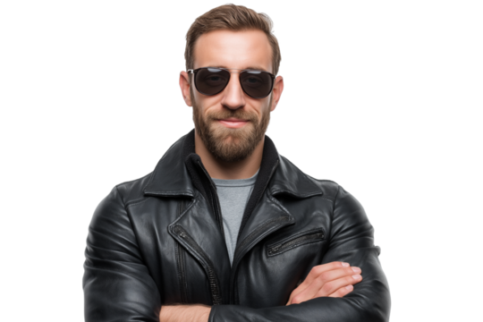 Handsome man with beard and sunglasses  isolated on white background