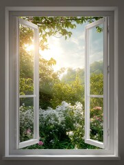 The window opens to show bright sunlight for a refreshing mood A serene view from a window showcasing lush green trees and vibrant flowers illuminated by soft sunlight, embodying tranquility.