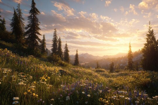 A serene meadow with wildflowers under a golden sunset - Powered by Adobe
