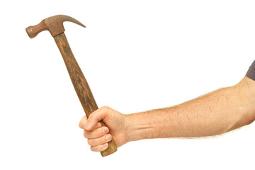 Man holding an old hammer isolated on white