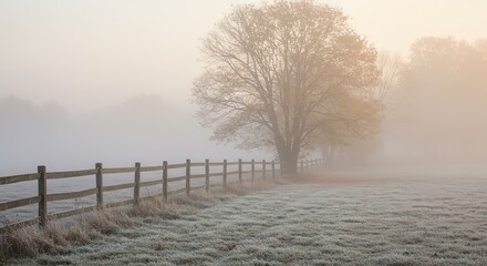 Misty rural landscape at dawn
