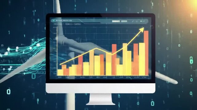 Animation of data processing over wind turbine with business financial graph chart computer screen technology HUD interface display background - Powered by Adobe