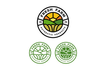 farm with agricultural field, hills, sunset line art illustration logo design set. farming field, mounts, sunburst circle badge logo design set for farmer, gardener, agriculture, environment, ecology