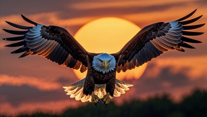 Obraz premium Majestic Bald Eagle Soaring at Sunset, Wings Spread Wide