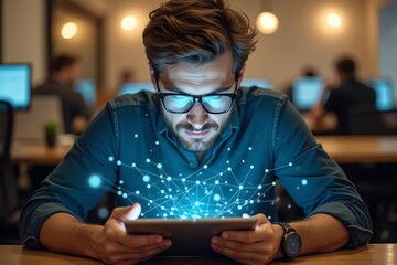 Tech professional immersed in digital network tablet