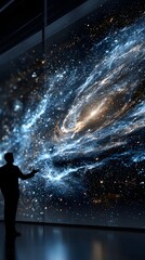 Obraz premium Man in modern room with large screen presenting astrophysics research findings passionately