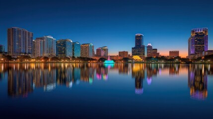 Obraz premium Lake Eola Park's Stunning Night Reflection of Orlando Skyline