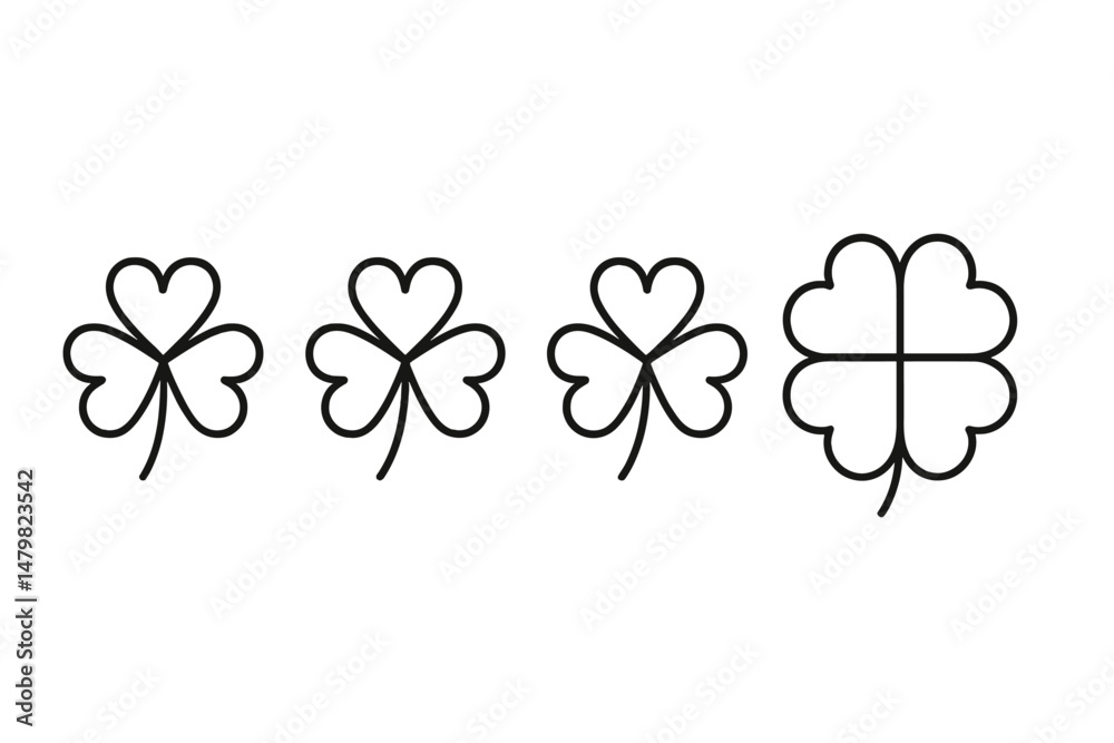 Poster set of four simple web icons featuring different styles of clover leaves for digital design