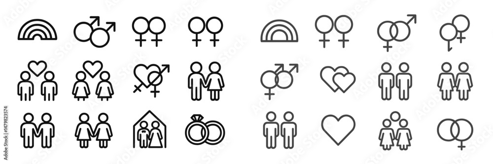Poster collection of web icons representing diversity in relationships and gender identities for inclusive 