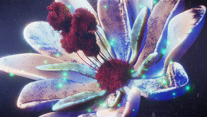 Flor magica con resplandor y orbes magicos flotando a su alredor (NO IA)