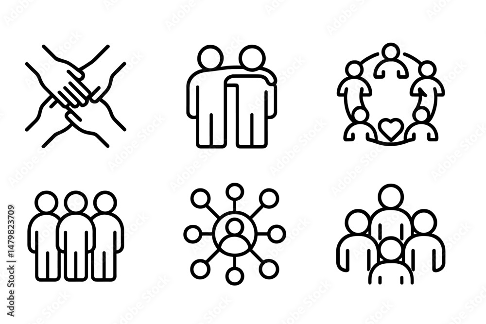 Aufkleber collection of interconnected web icons representing teamwork, collaboration, and community building 