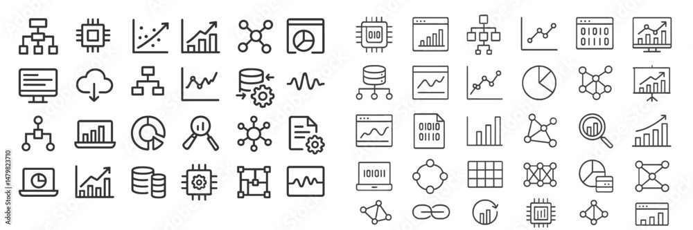 Poster set of modern web icons representing analytics, data visualization, and technology interactions in a