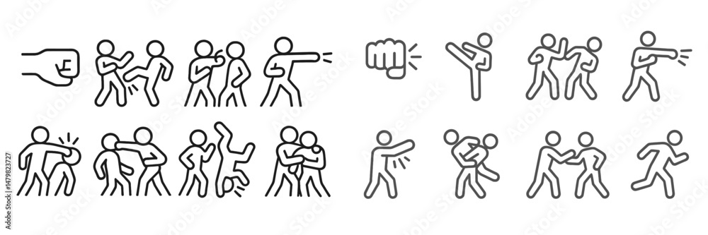 Aufkleber Collection of minimalistic line art web icons depicting various actions of fighting and movement in a dynamic style