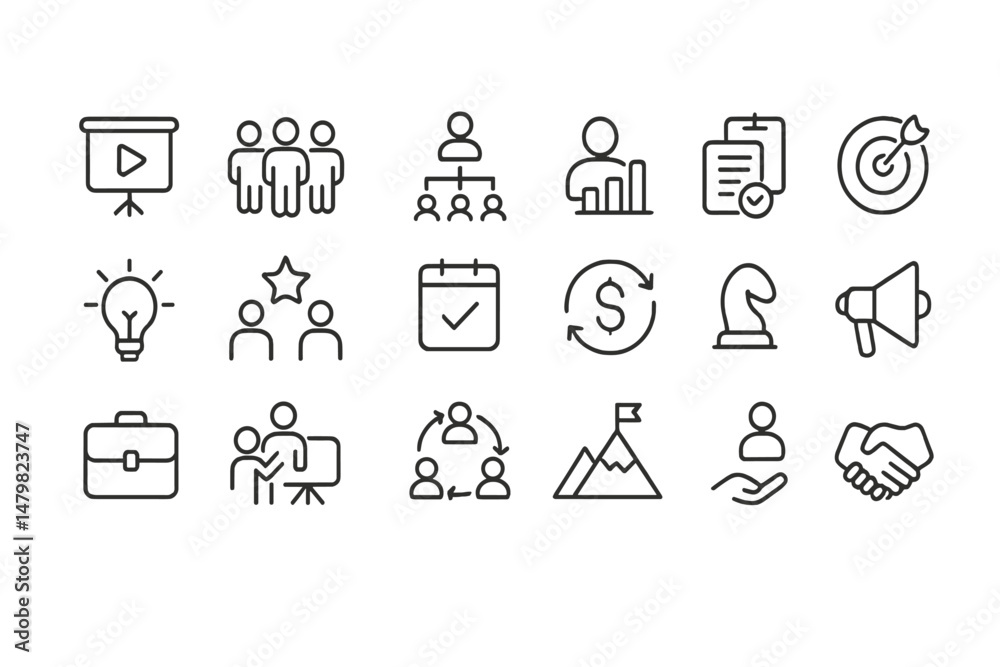 Aufkleber Web icons representing various concepts for presentations, teamwork, planning, and collaboration in a professional setting