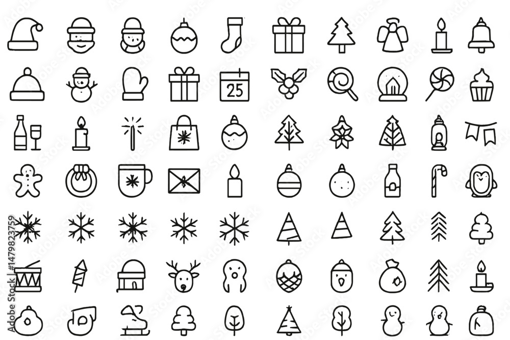 Aufkleber collection of holiday-themed web icons featuring various festive symbols and elements for creative p