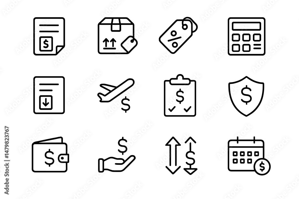 Poster collection of web icons illustrating finance, shipping, and accounting concepts for digital applicat