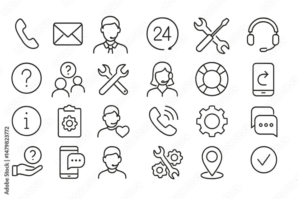 Aufkleber set of web icons representing communication, customer support, and information services in a minimal